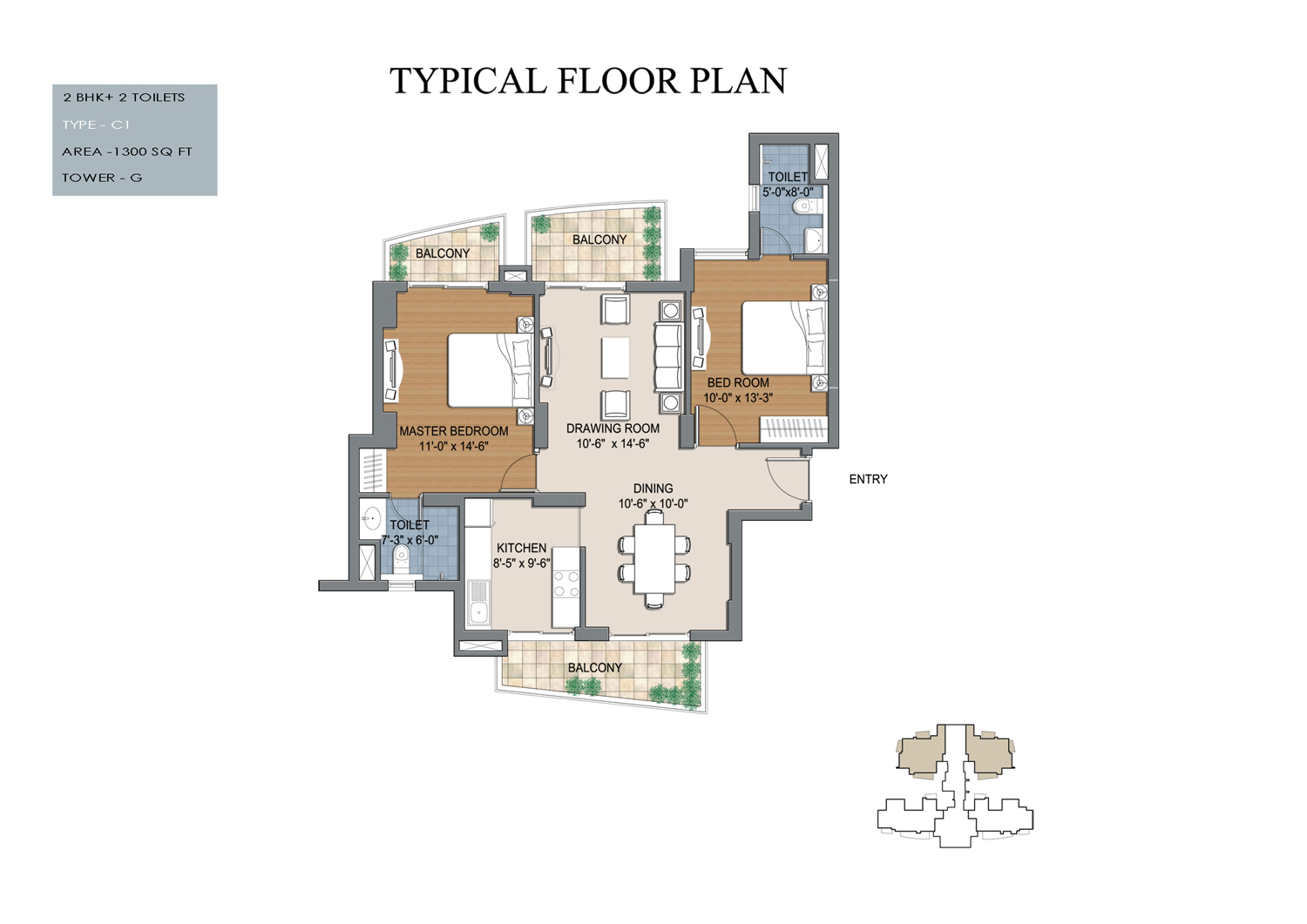 2 bhk floor plan in 1300 sq. feet of bptp the resort 