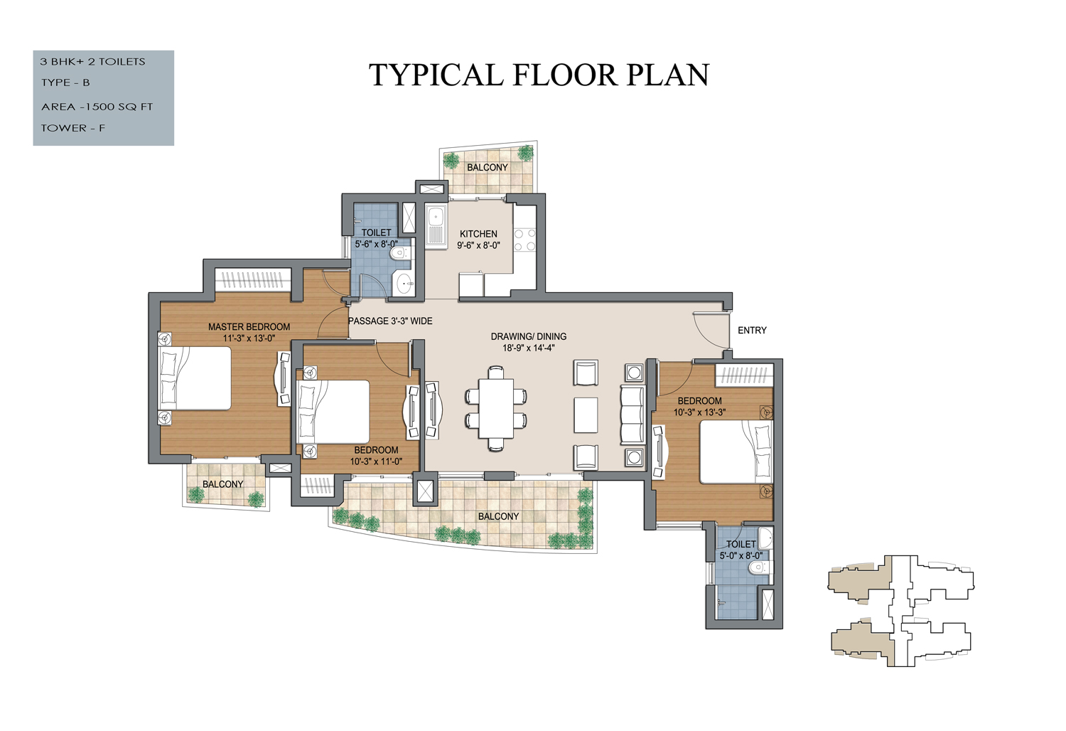 floor plan of 1330 sq feet 2 BHk