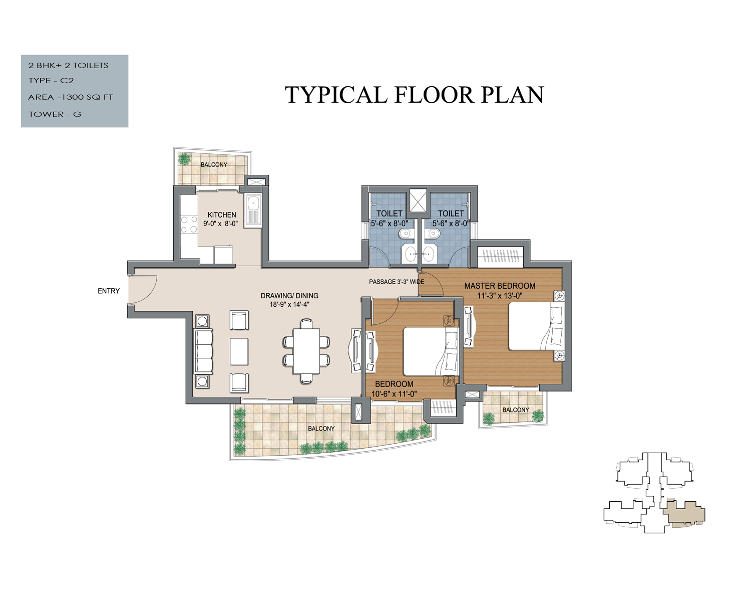 2 bhk in 1300 sq ft floor plan