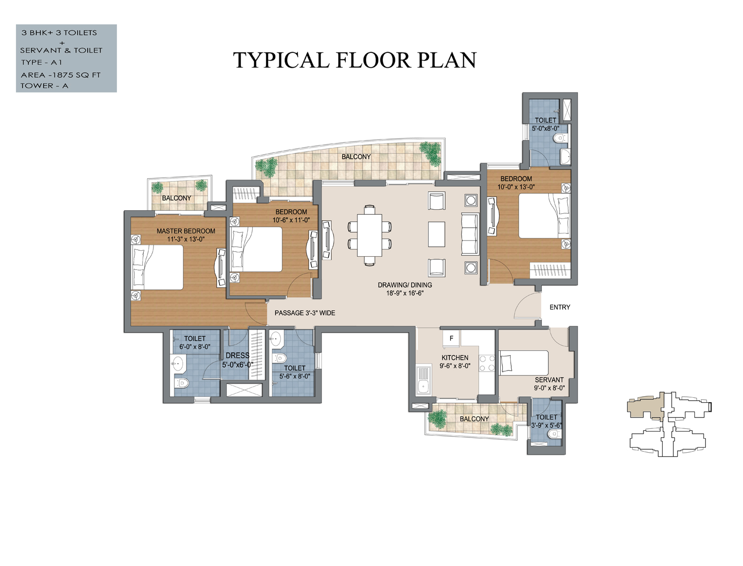 3 bhk floor plan of bptp the resort