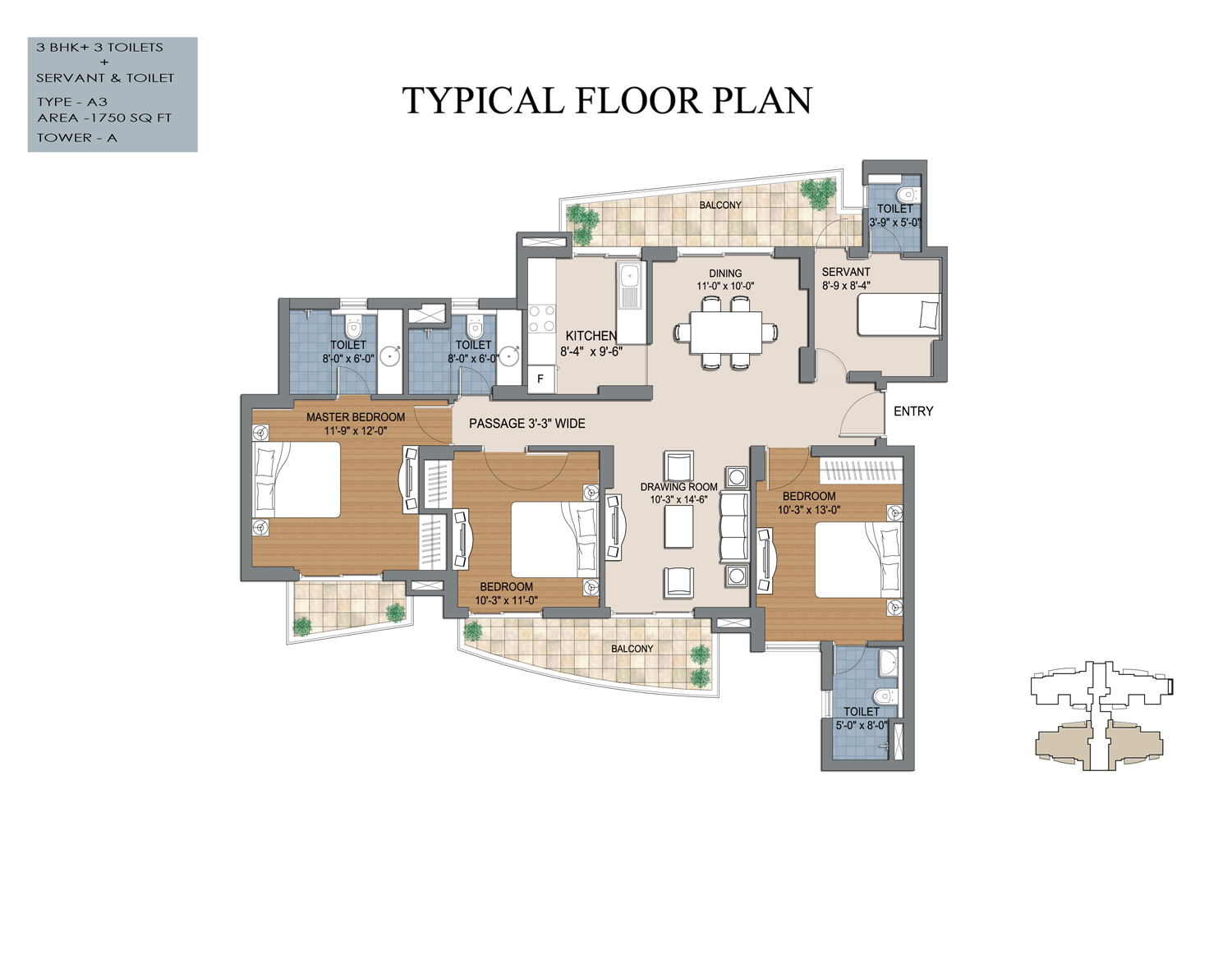 3 bhk floor plan in bptp the resort in 1750 sq feet