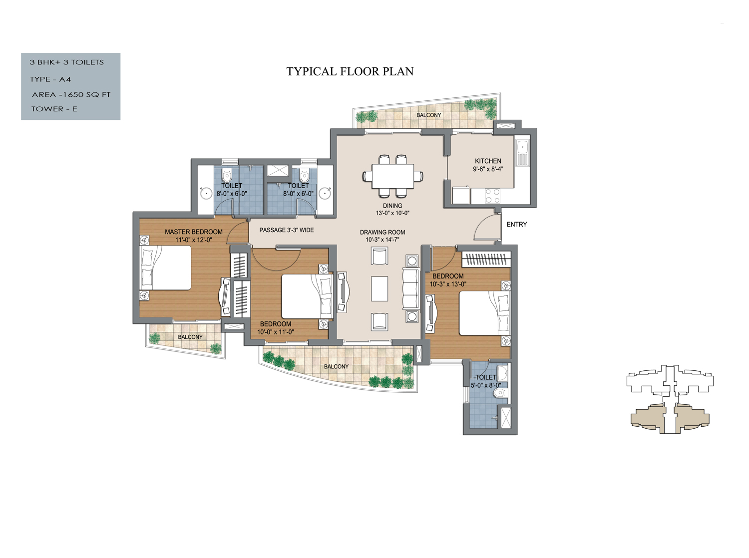 3 bhk floor plan of bptp the resort